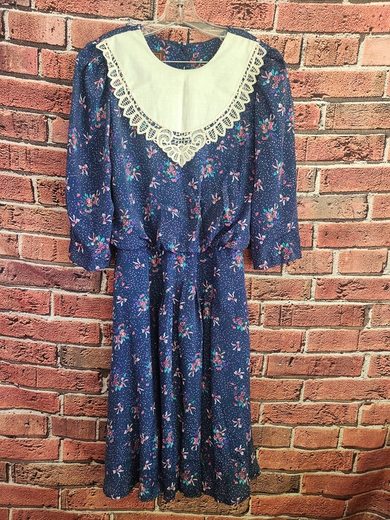 Lisa international Dresses & Skirts - Vintage Navy Floral Dress with Lace Bib Collar